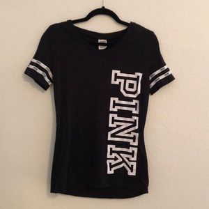 Pink: Black V neck short sleeve tee
